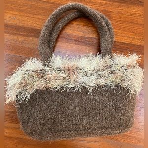 Felted Knitted small evening bag. Brown w/beige “Fun Fur”band.Do u know felting?